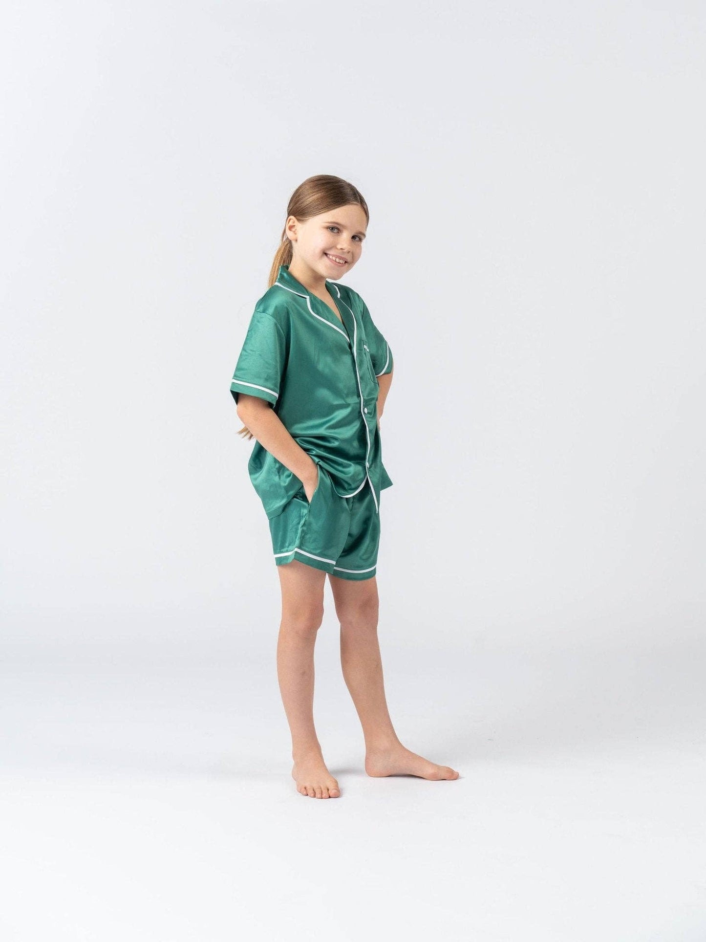 Kids Satin PJ Set - Emerald Green