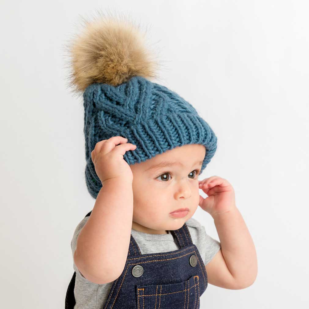 Pop Pom Pom Beanie- Slate Blue