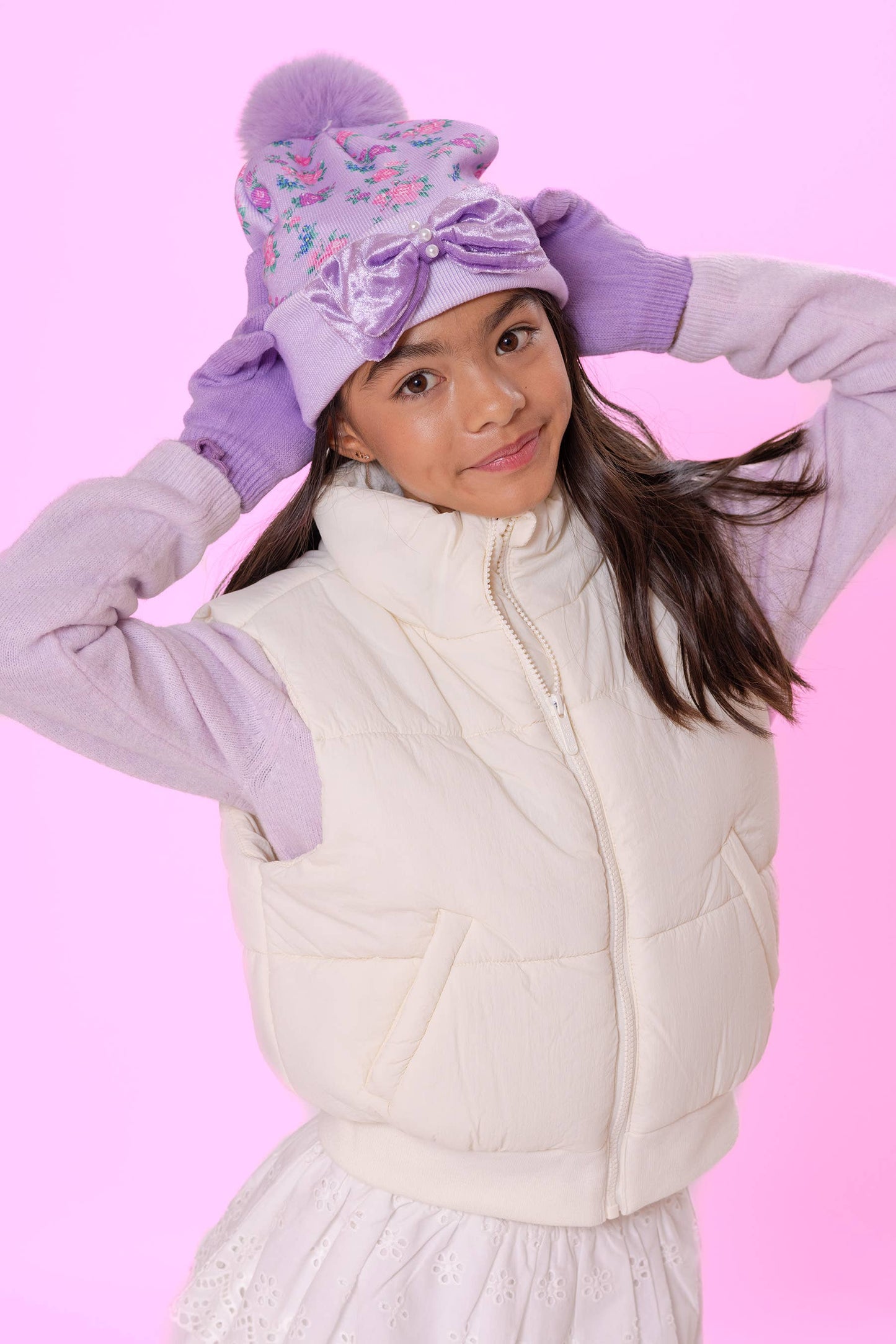 Floral Print Hat & Glove Set- Lavender