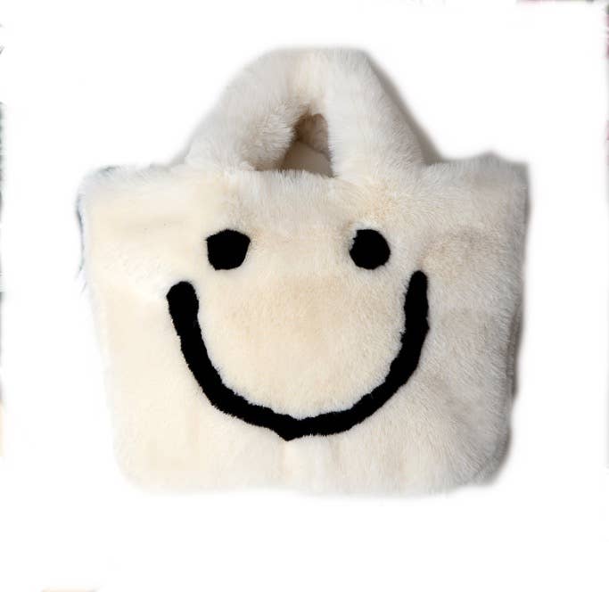 Fuzzy Happy Face Purse - Cream