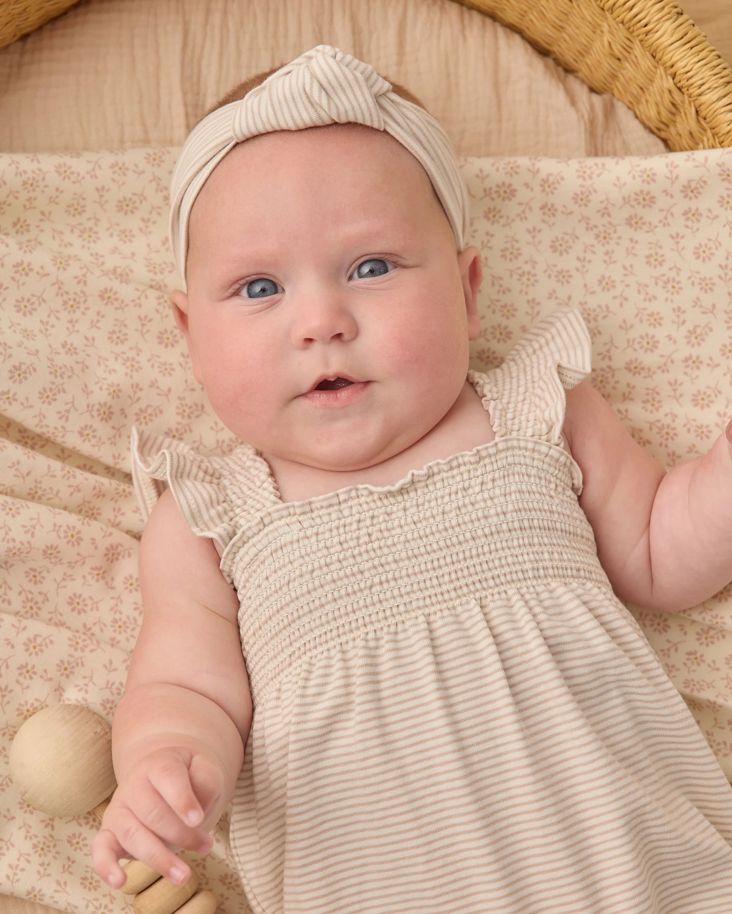 Smocked Ruffle Romper- Oat Stripe