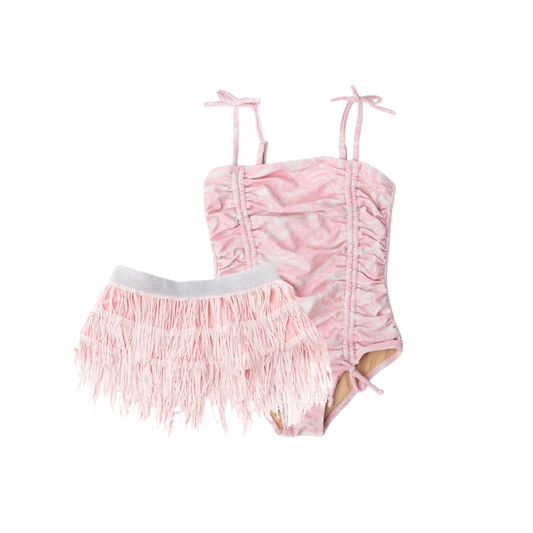 Swim 1pc & Fringe Skirt- Pink Swirl