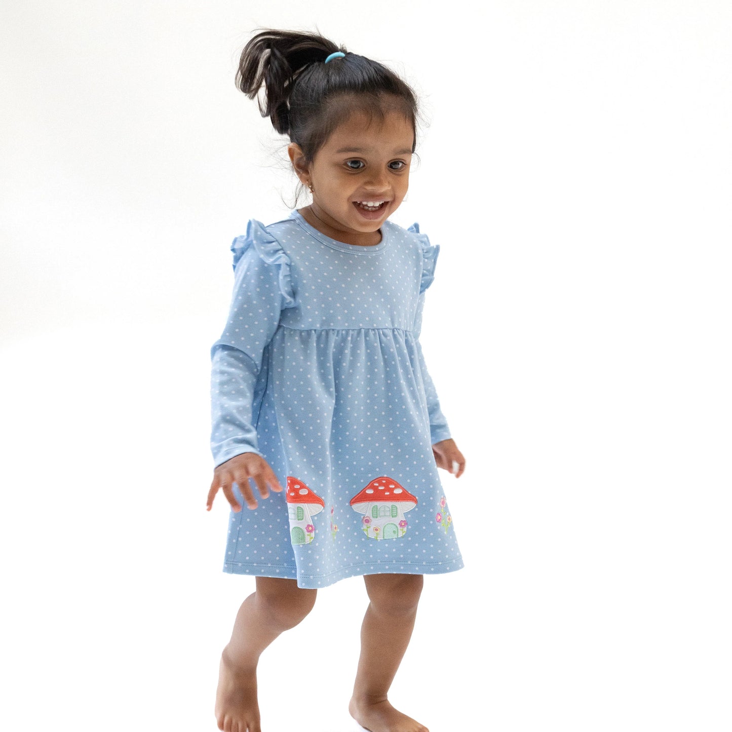 Chambray Blue Dot Dress w/Mushroom Houses