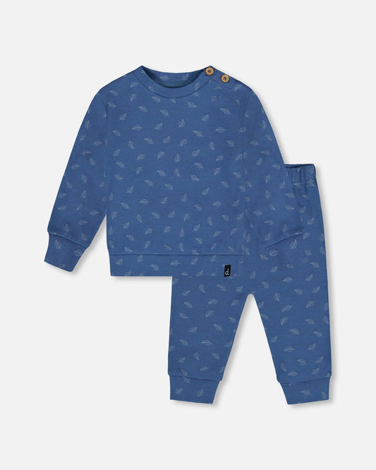 Cotton Set- Blue Printed Leaves