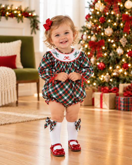 Girls Smocked Bubble- Green Plaid & Bows