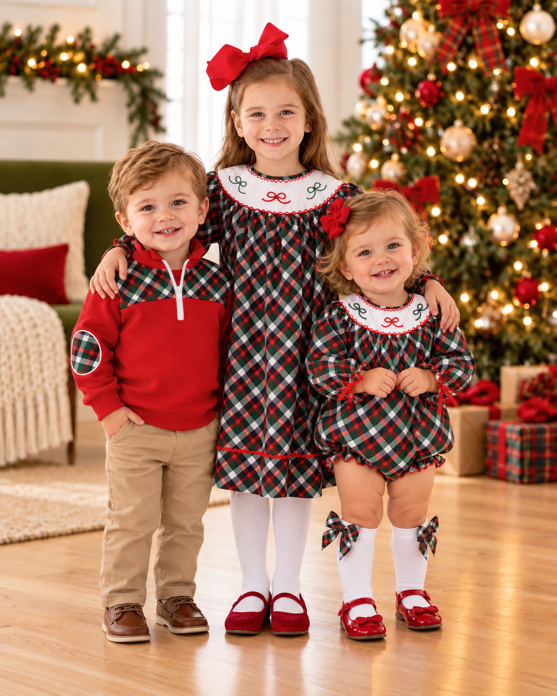 Smocked Dress- Green Plaid & Bows