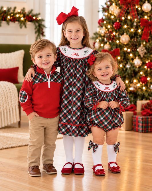 Smocked Dress- Green Plaid & Bows
