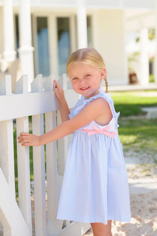 Pammy's Pinefore Dress- Blue Seersucker/Pink