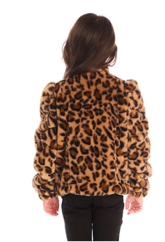 Faux Fur Puff Sleeve Jacket- Leopard
