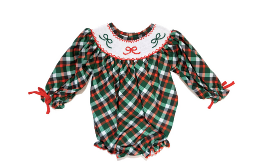 Girls Smocked Bubble- Green Plaid & Bows