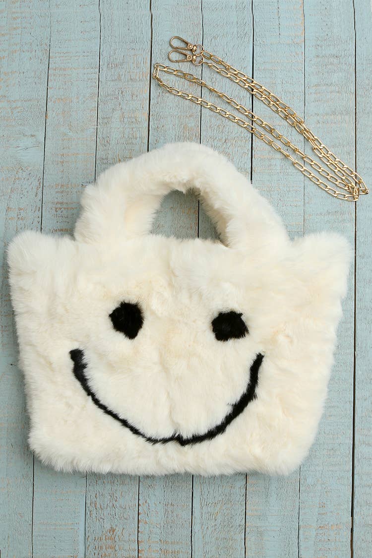 Fuzzy Happy Face Purse - Cream