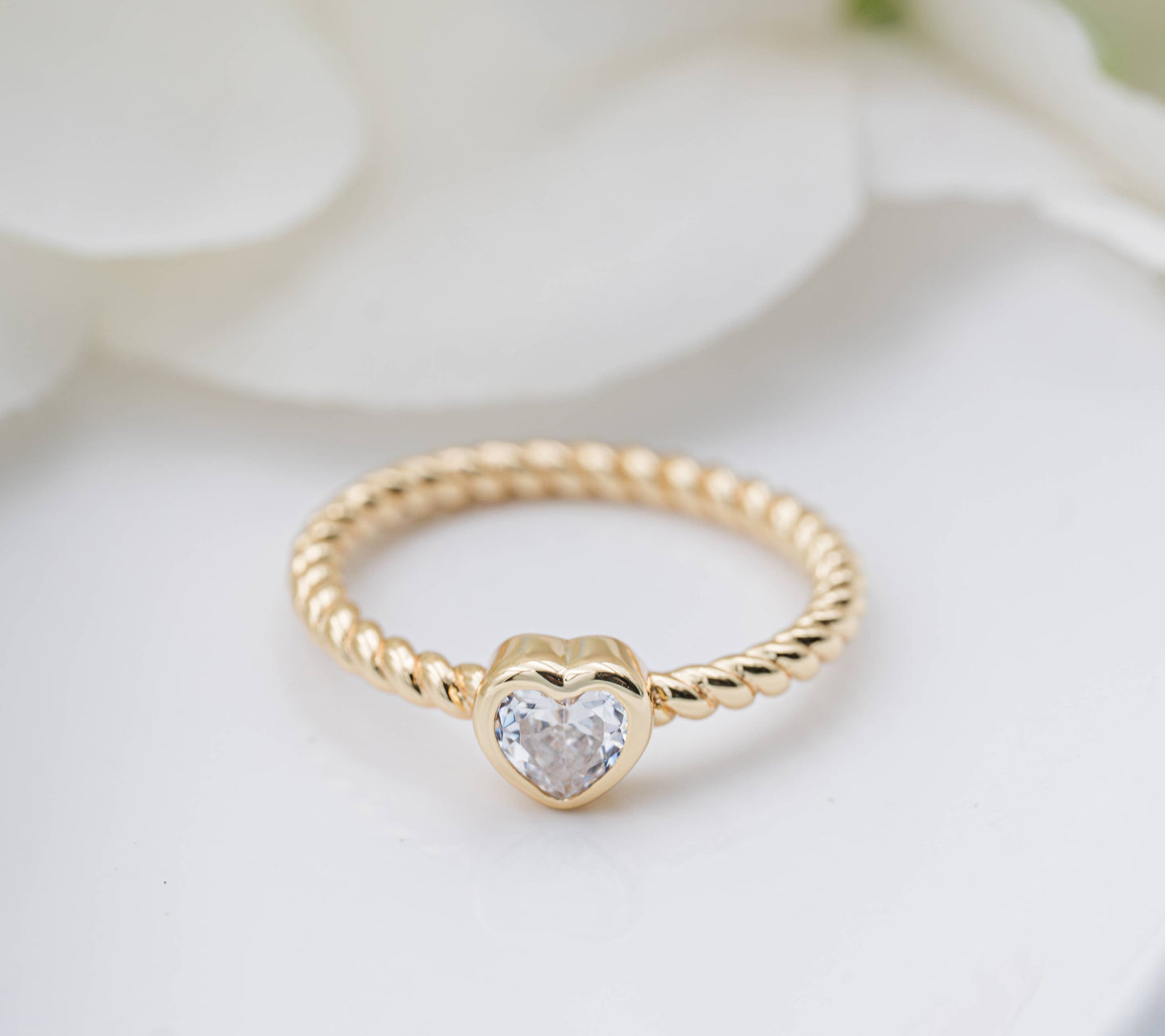 Gold-Plated Ring - Silver Twisted Band w/Clear Heart