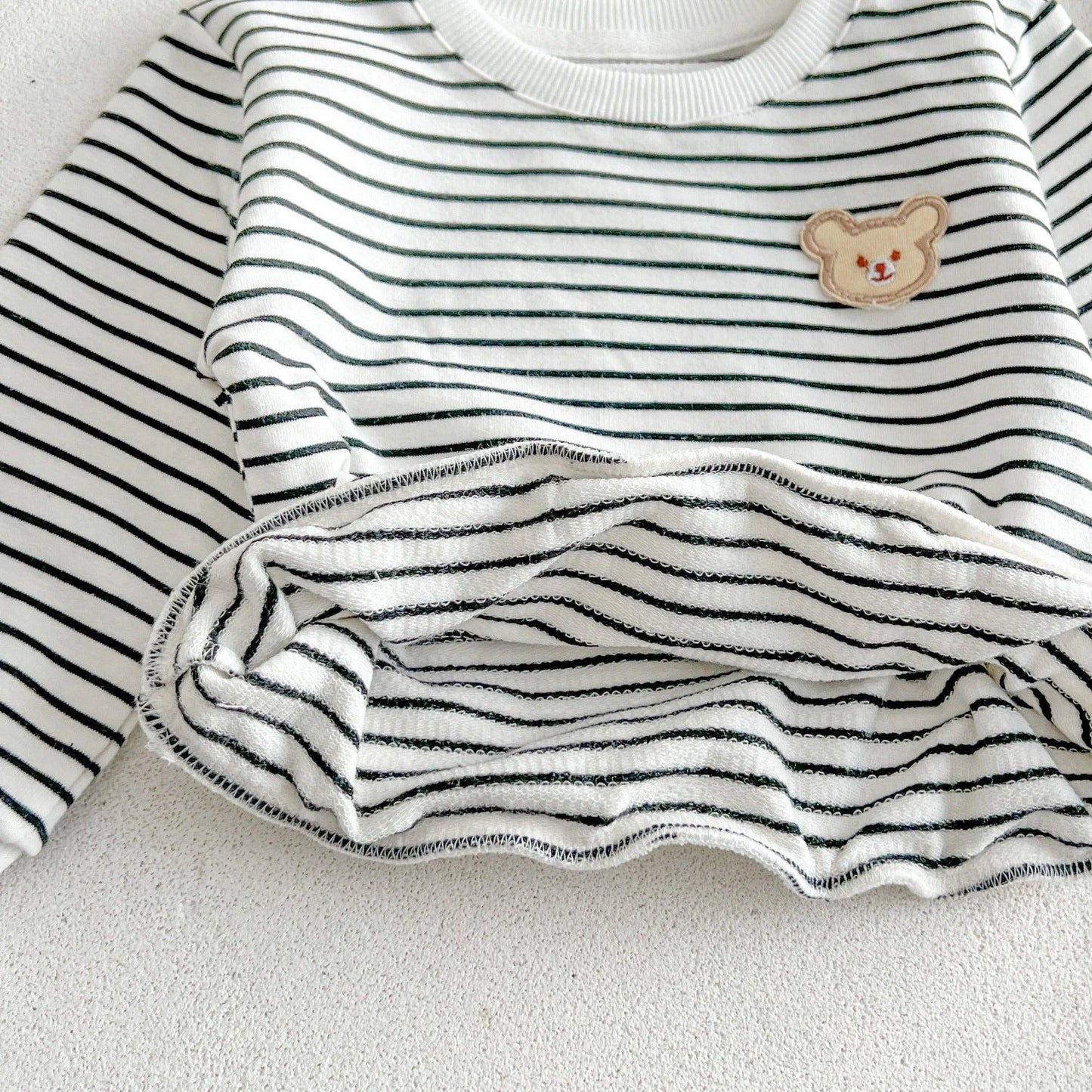 Striped Pattern Bear Patched Hoodie Set