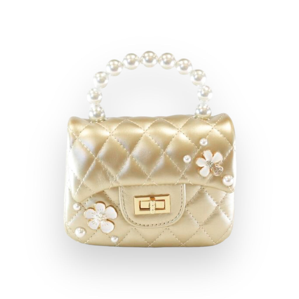 Gold Quilted Purse with Pearl Handle