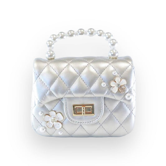 Silver Pearl Handle Quilted Leather Purse w/ Charms
