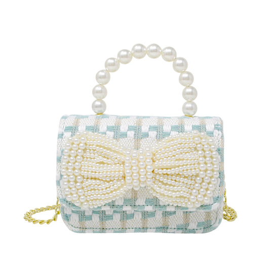 Tweed Pearl Handle Bow Purse - Blue