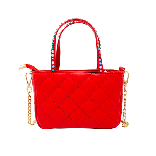 Quilted Rhinestone Tote Bag - Red