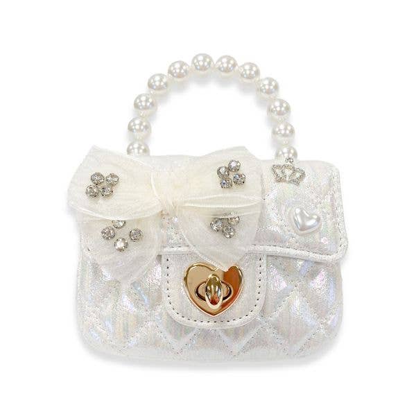 Embellished Bow Shiny Quilted Purse - White