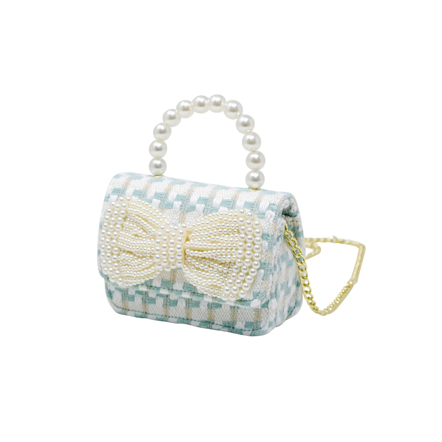 Tweed Pearl Handle Bow Purse - Blue