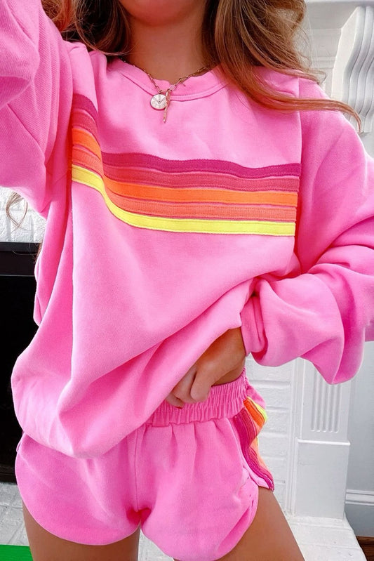 Striped Pullover Short Set- Pink