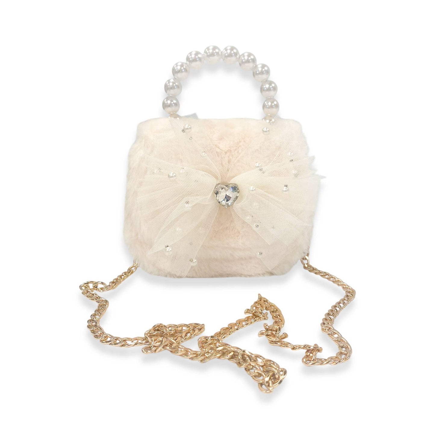 Mesh Bow Furry Purse - Beige