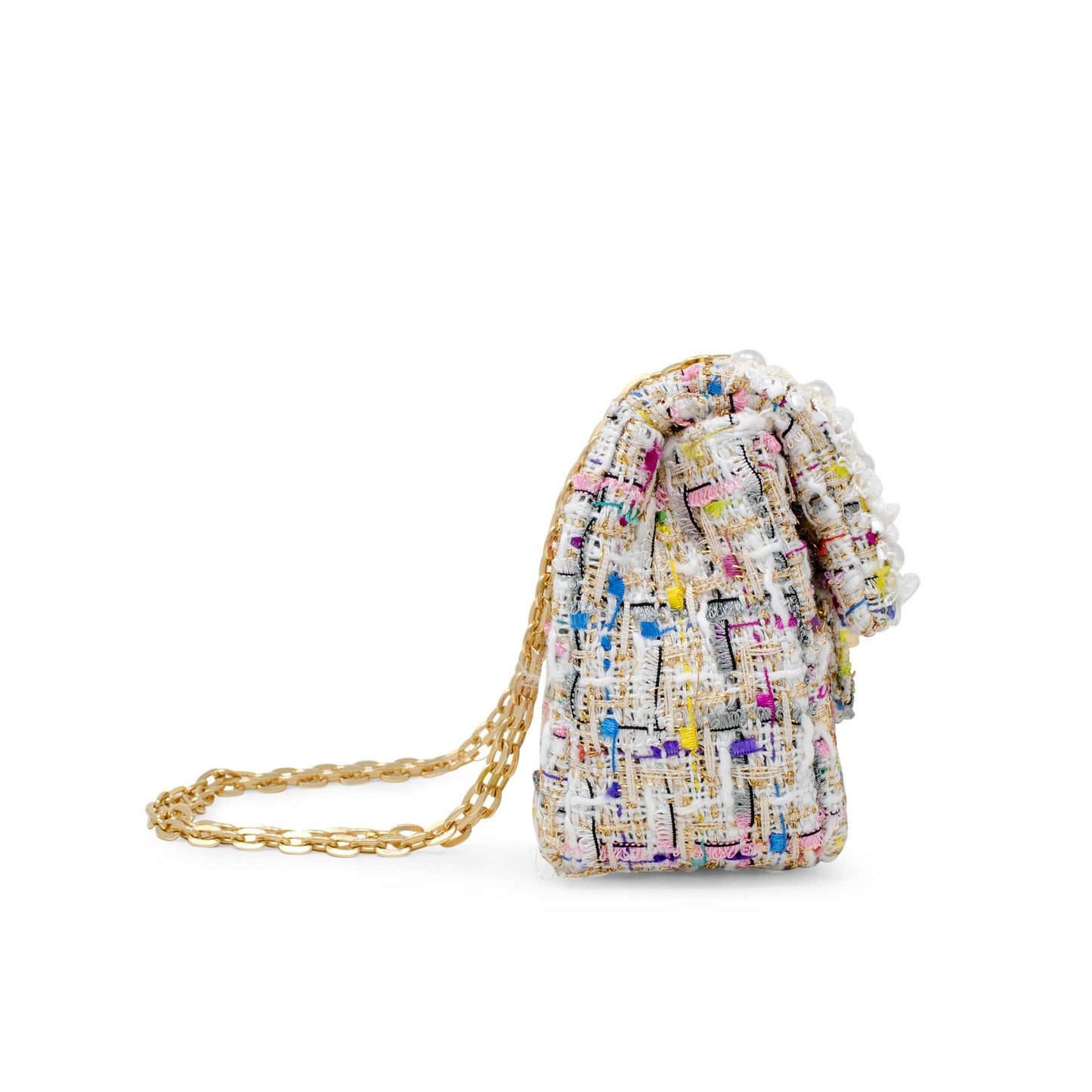 Tweed Handbag with Pearls- White