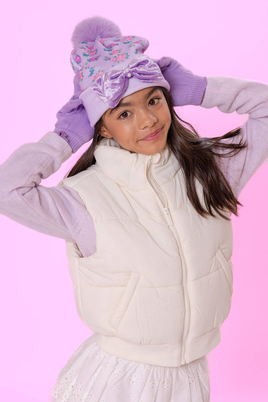 Floral Print Hat & Glove Set- Lavender