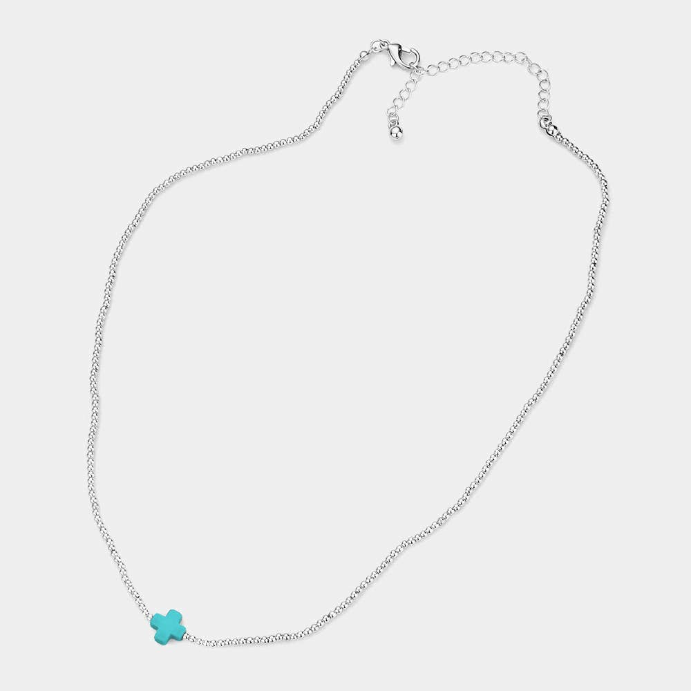 Cross Metal Ball Beaded Necklace - Turquoise