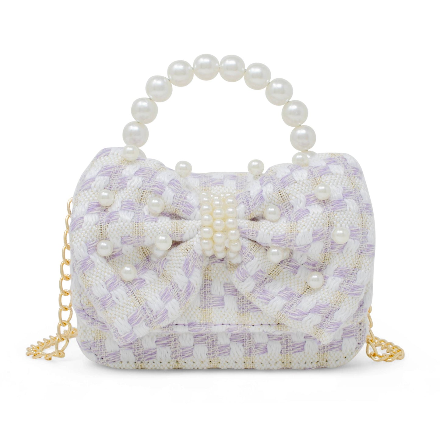 Tweed Jumbo Pearl Bow Handbag- Purple