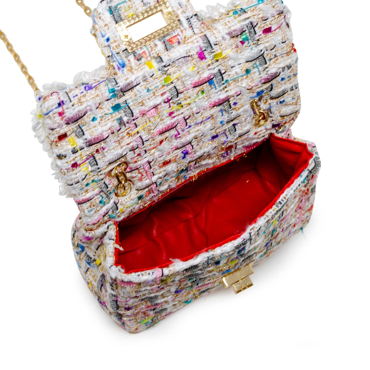 Tweed Handbag with Pearls- White