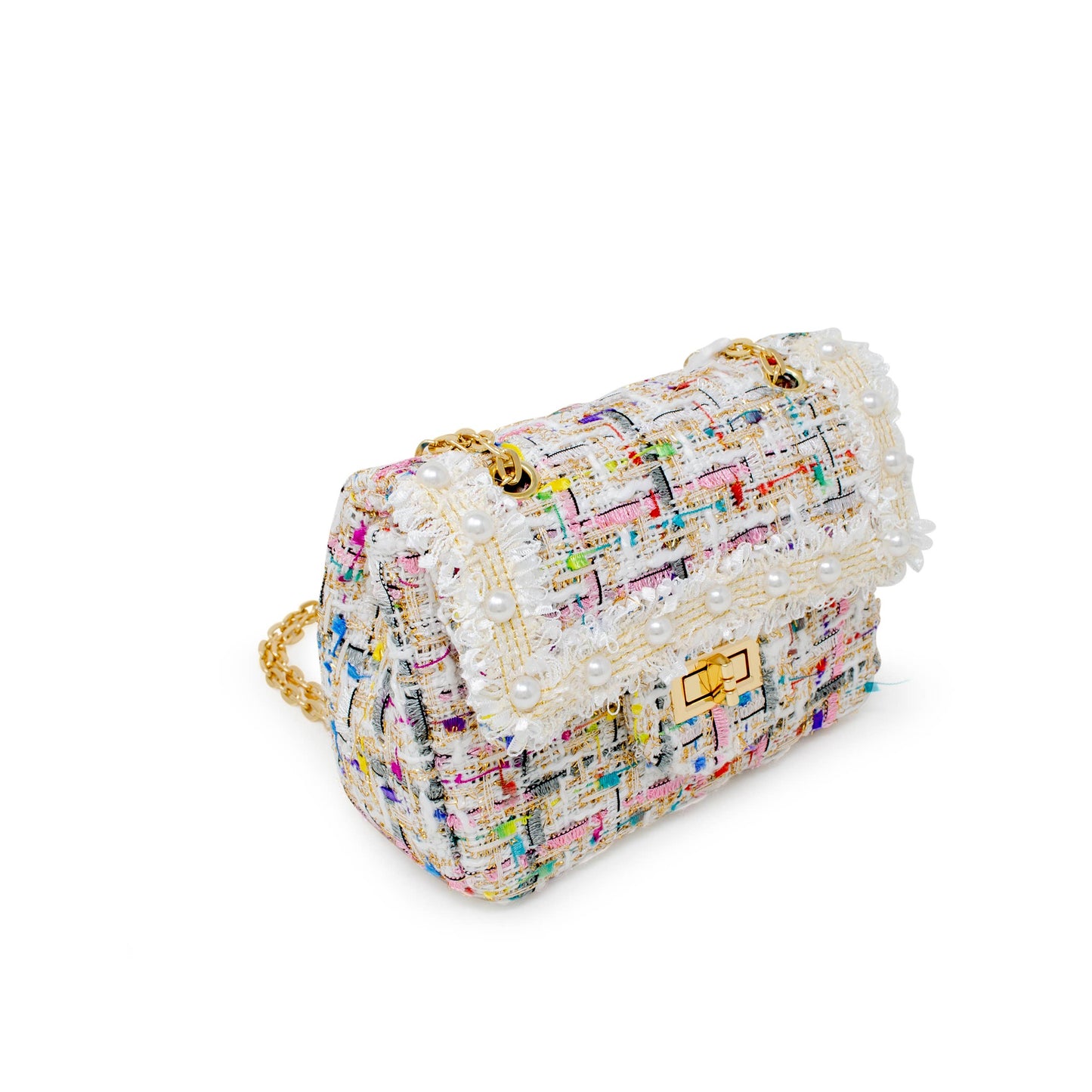 Tweed Handbag with Pearls- White