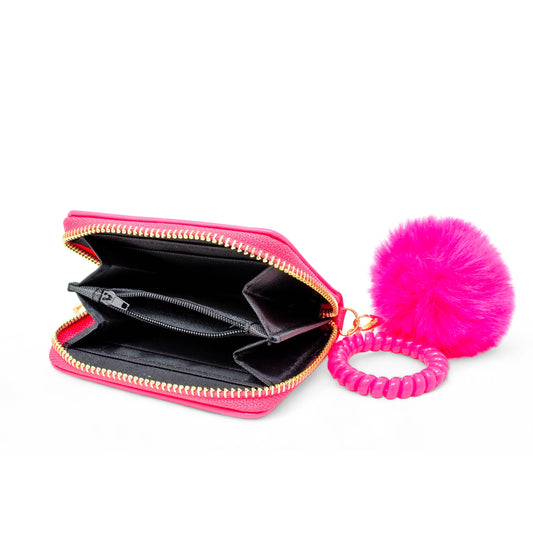 Bow Pom Pom Zip Wallet- Hot Pink