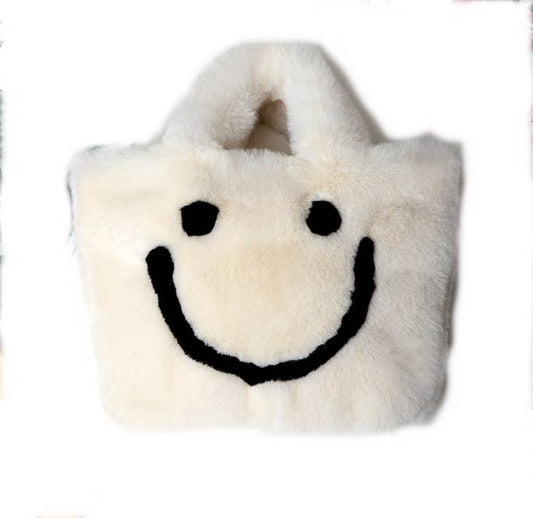 Fuzzy Happy Face Purse - Cream