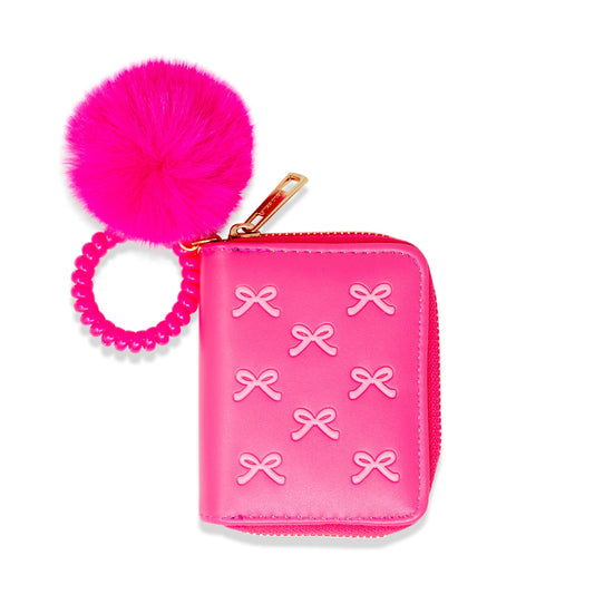 Bow Pom Pom Zip Wallet- Hot Pink