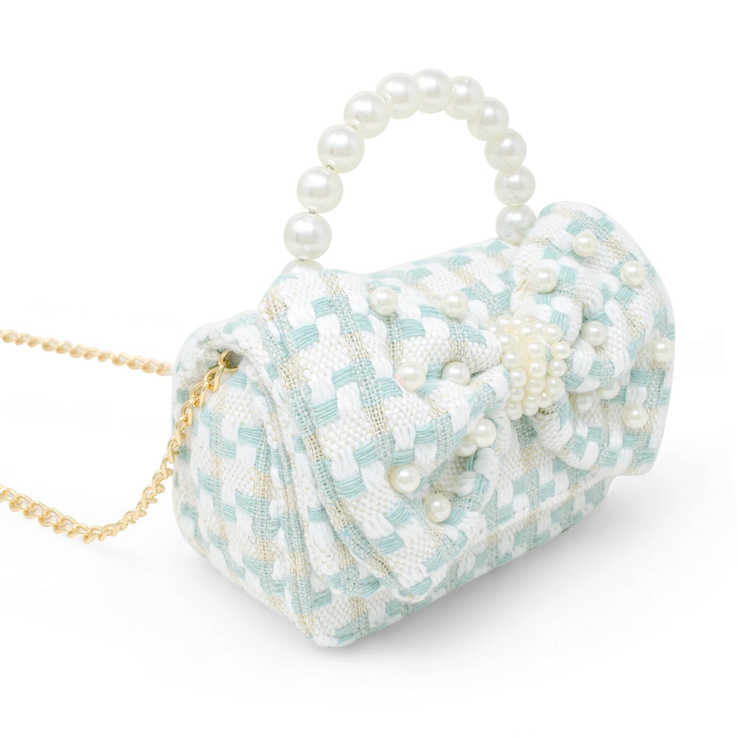 Tweed Jumbo Pearl Bow Handbag- Teal