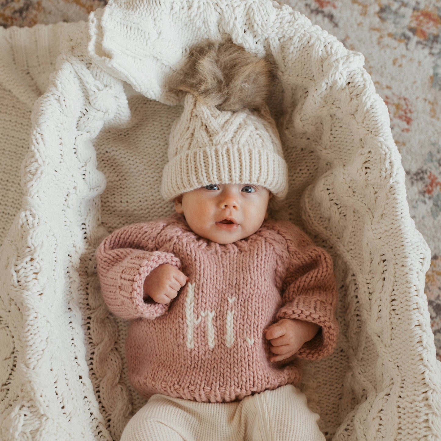Pom Pom Beanie Hat- Natural