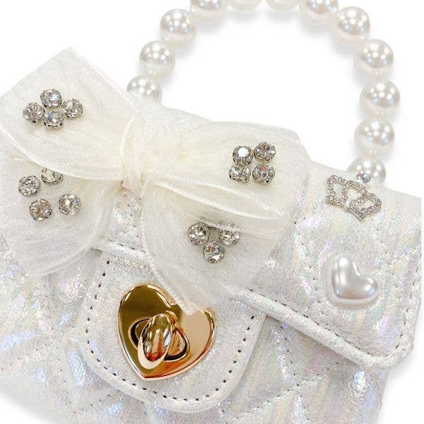 Embellished Bow Shiny Quilted Purse - White