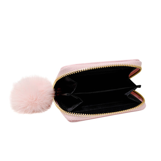 Striped Leather Pom Pom Wallet: Pink