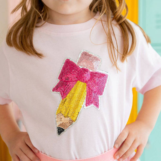 Pencil Bow Sequin T-Shirt- Pink