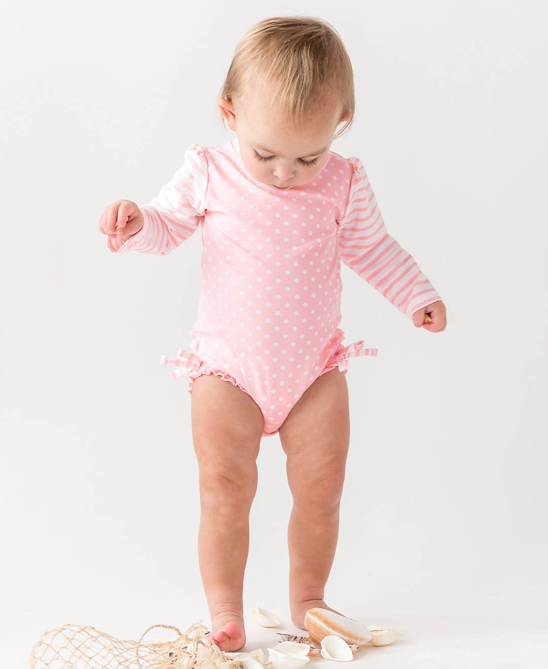 Pink Polka Dot LS One Piece Rash Guard Swim