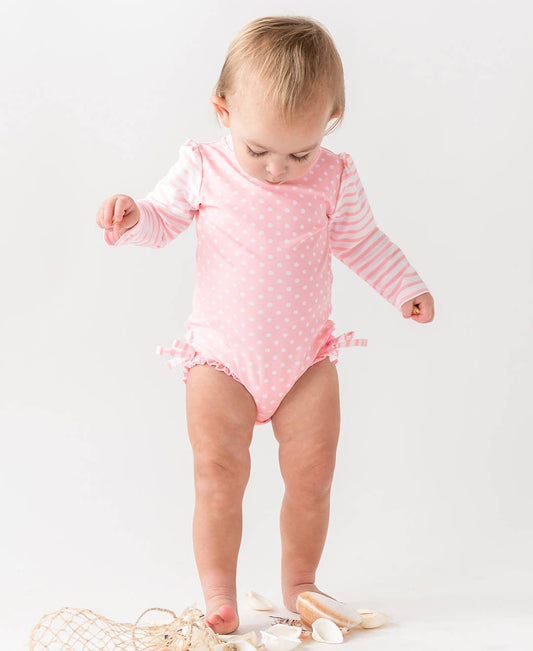 Pink Polka Dot LS One Piece Rash Guard Swim