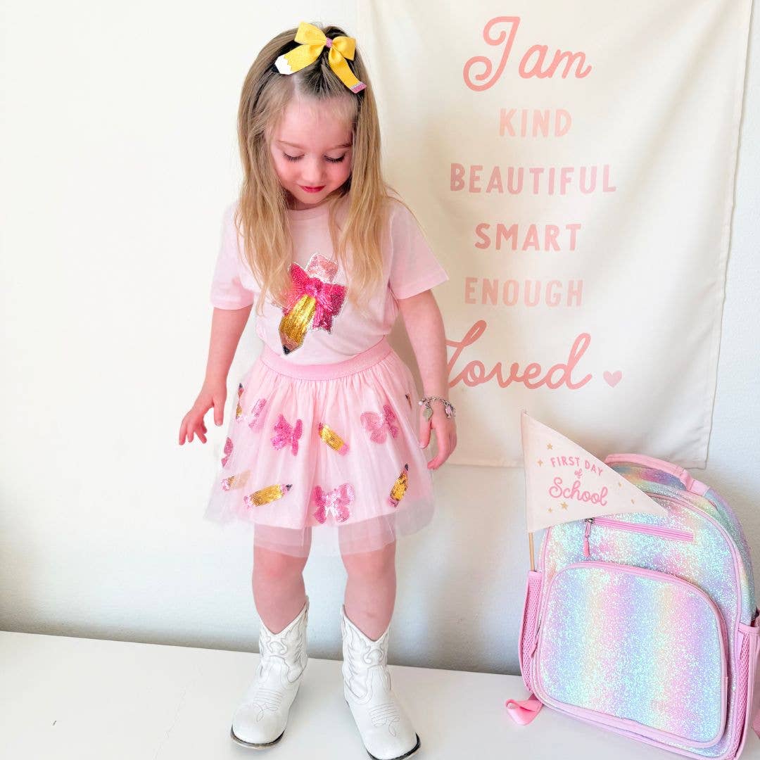 Pencil Bow Sequin T-Shirt- Pink