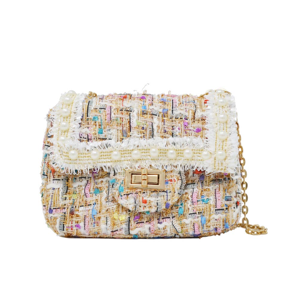 Tweed Handbag with Pearls- White