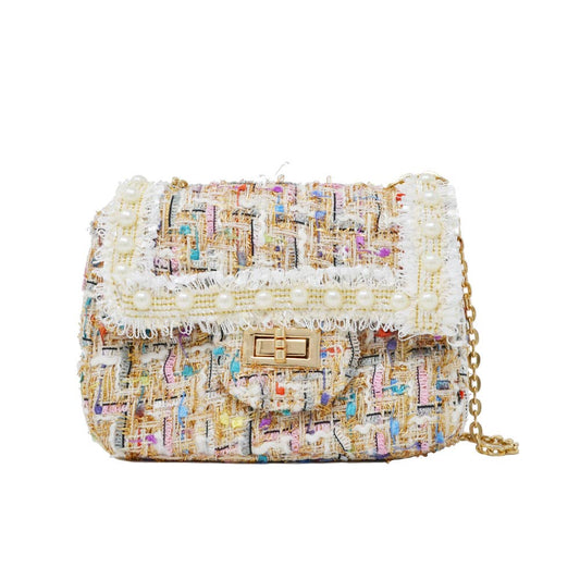 Tweed Handbag with Pearls- White