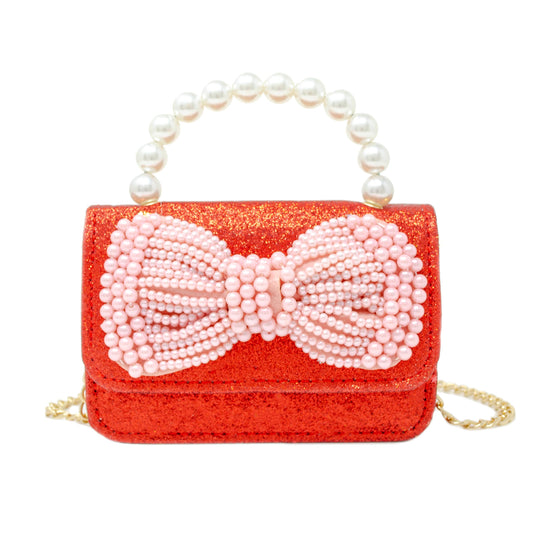 Glitter Pearl Handle Bow Handbag - Red