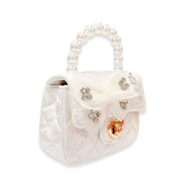 Embellished Bow Shiny Quilted Purse - White