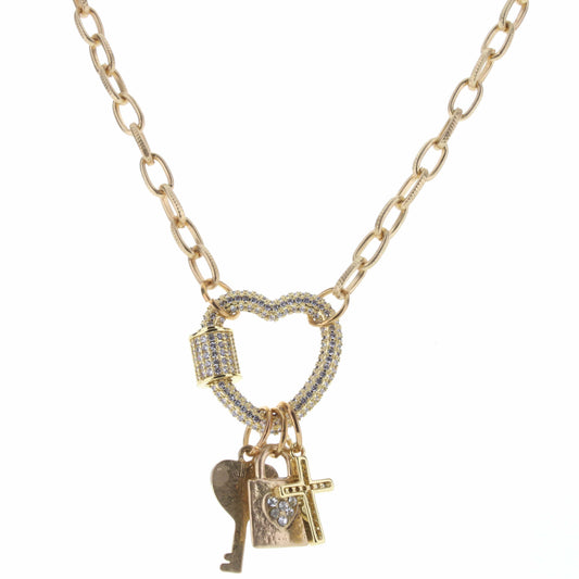 Gold Heart Carabiner, Lock, Key Charms Necklace 14"