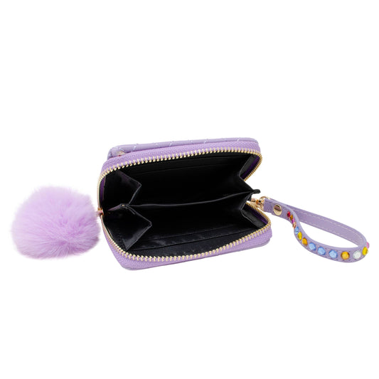 Quilted Rhinestone Strap Wallet- Purple