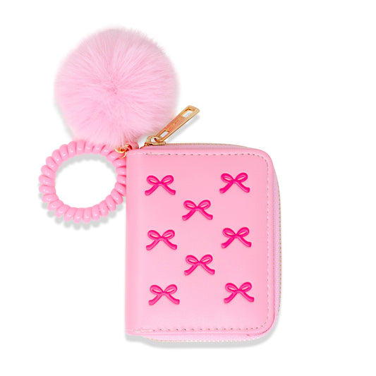 Bow Pom Pom Zip Wallet- Pink