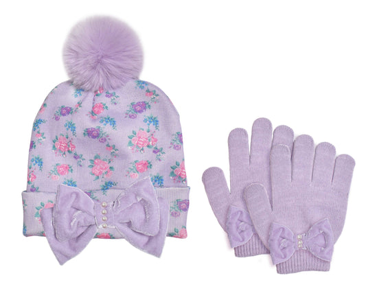Floral Print Hat & Glove Set- Lavender